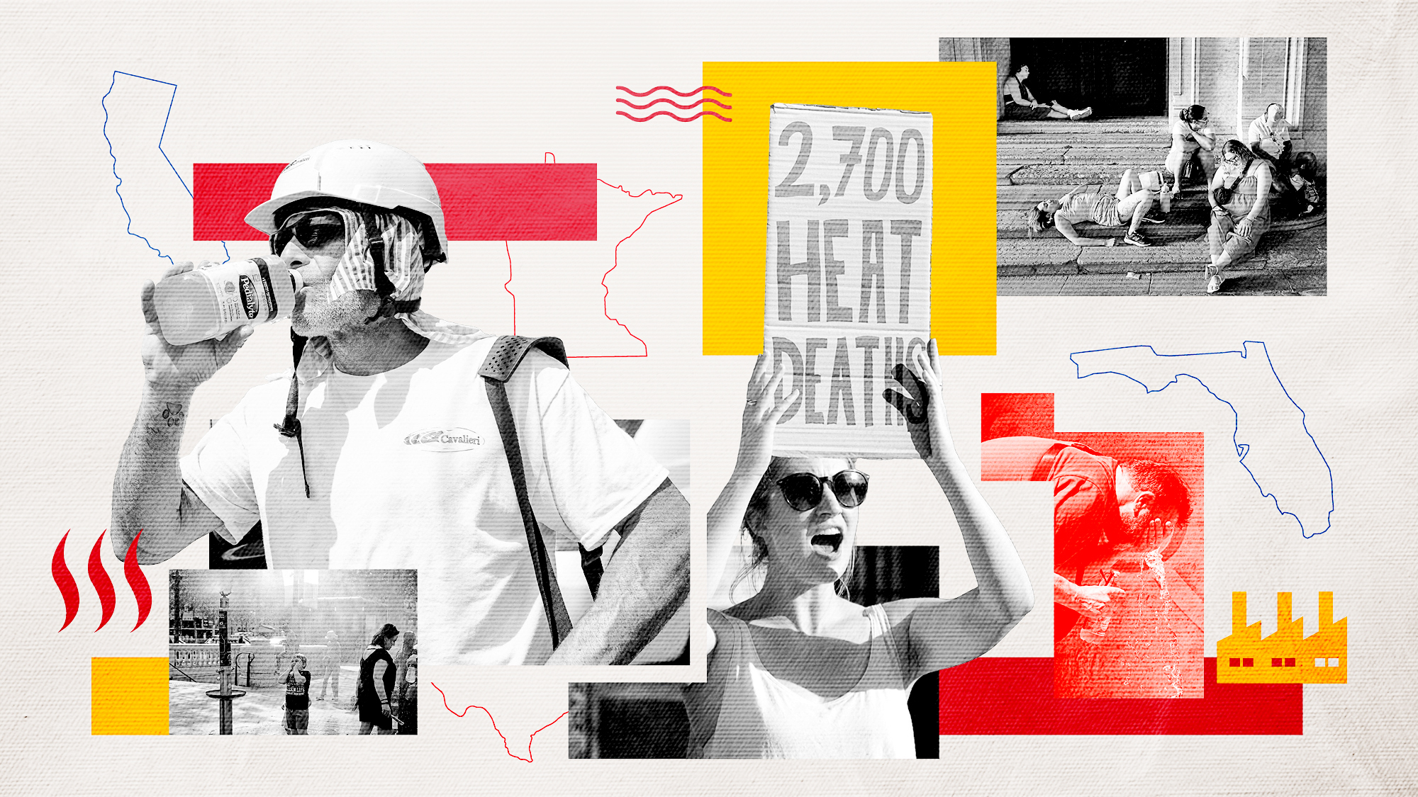 A collage of people dealing with extreme heat over a white background