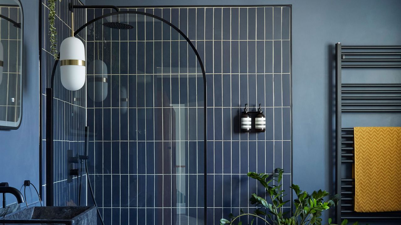 bathroom with shower in black finish