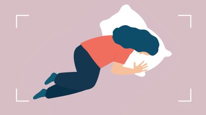 Illustration of a woman sleeping on her front with pillow underneath head, representing how to sleep with lower back pain