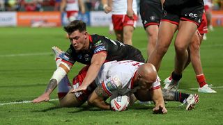 Dean Hadley of Hull Kingston Rovers scores his team's first try against Wigan Warriors in the 2026 Super League fixture.