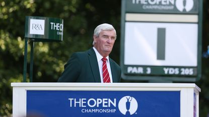 Starter Ivor Robson looks on at the first tee during the final round of the 141st Open Championship at Royal Lytham & St. Annes Golf Club on July 22, 2012