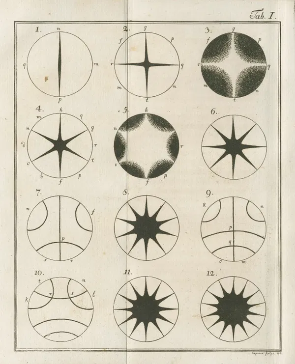 A page from Chladni's 1787 book showing 12 circles each with different lines drawn in them making a unique pattern in each circle.