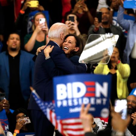 Kamala Haris hugs Joe Biden at a campaign rally.