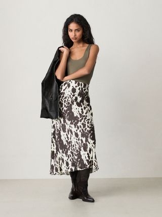 Cow Print Satin Midi Skirt