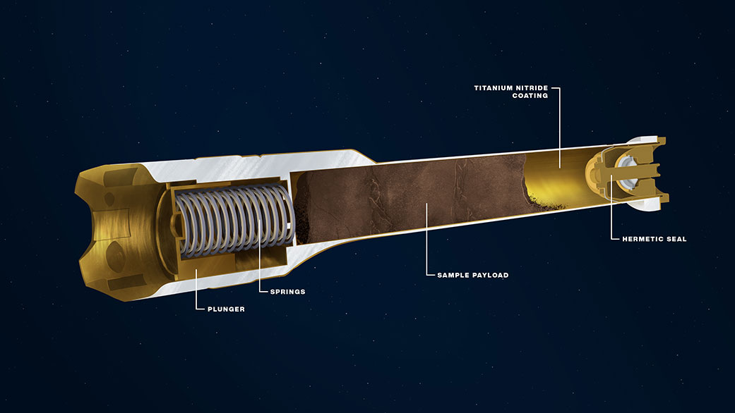 An illustration showing component features on the interior of a sample tube being carried aboard the Mars 2020 Perseverance rover.
