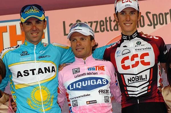 Top three Eddy Mazzoleni (Astana), Danilo Di Luca (Liquigas) and Andy Schleck (Team CSC).