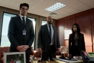 L to R) Noah Centineo as Owen Hendricks, Colton Dunn as Lester Kitchens and Aarti Mann as Violet Ebner