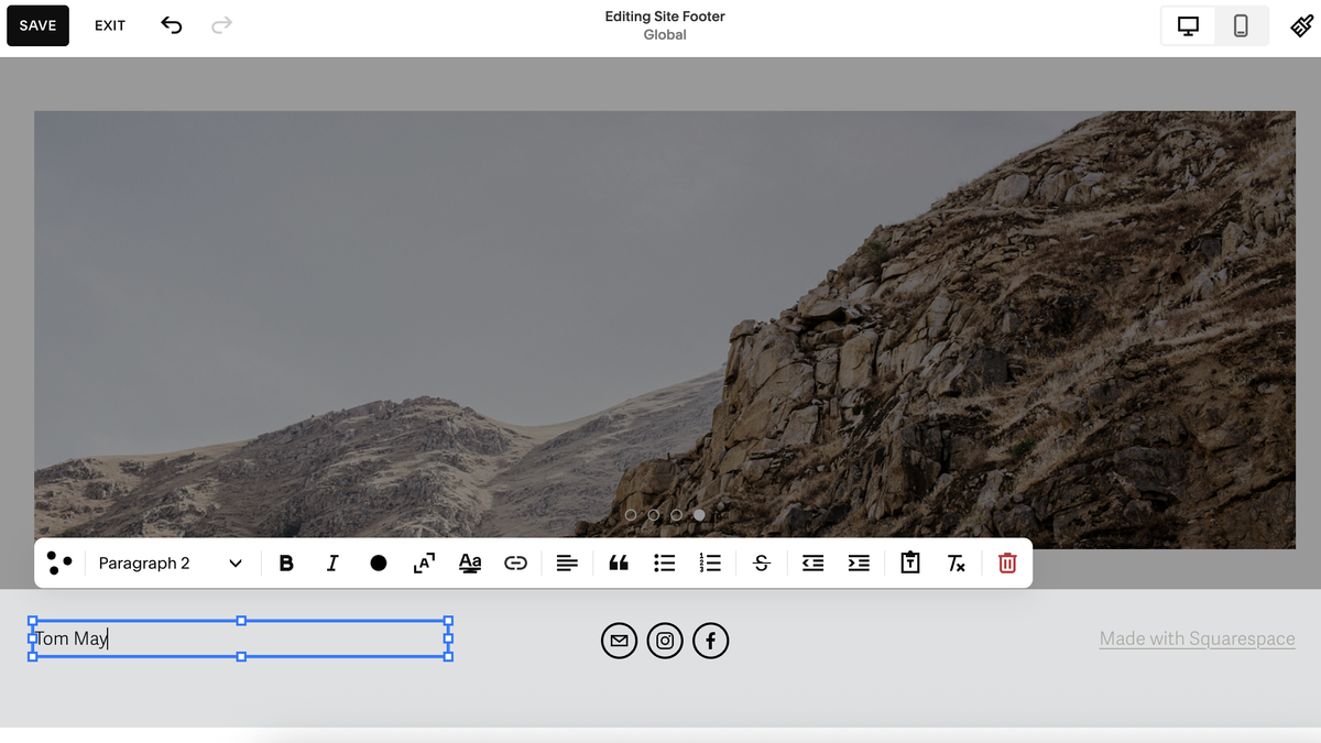 Screengrab showing text being added to website in Squarespace interface