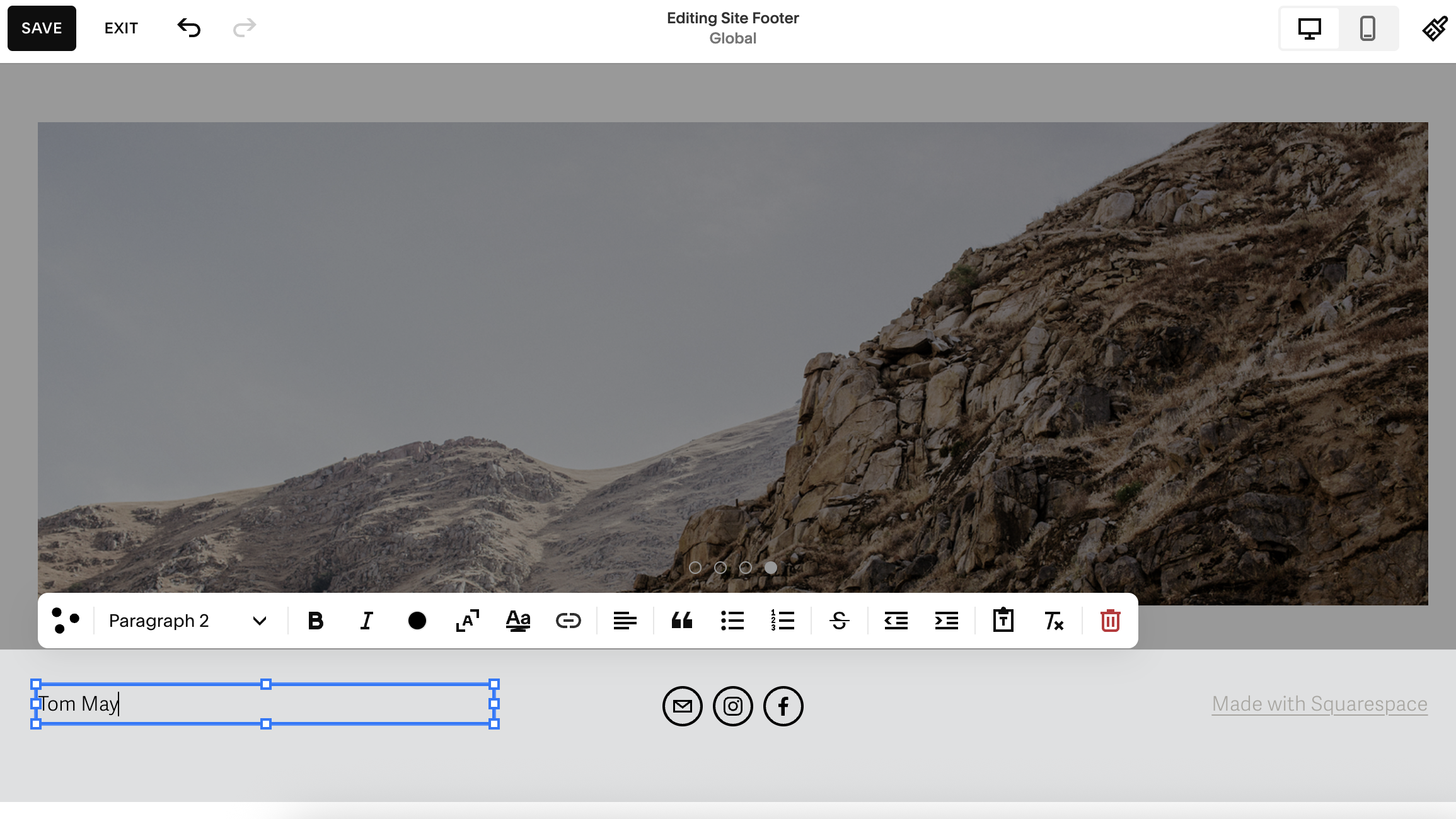 Screengrab showing text being added to website in Squarespace interface