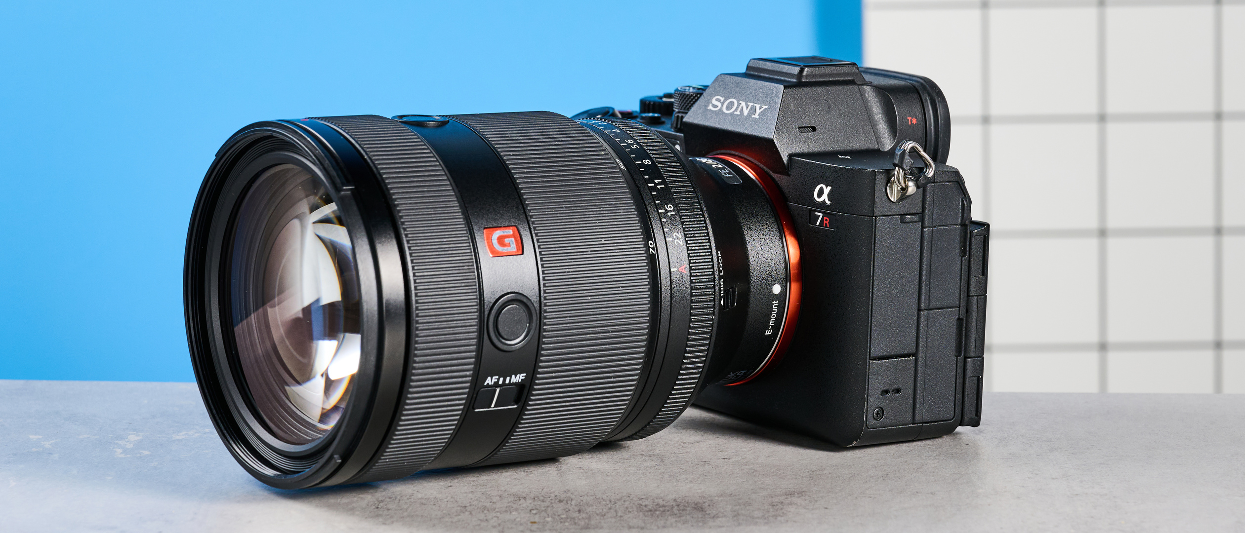 The Sony A7R V against a blue background