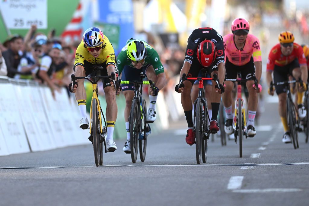 TAVIRA PORTUGAL FEBRUARY 16 LR Stage winner Wout Van Aert of Belgium and Team Visma Lease a Bike Gerben Thijssen of Belgium and Team Intermarche Wanty Green Points Jersey and Marius Mayrhofer of Germany and Tudor Pro Cycling Team sprint at finish line during the 50th Volta ao Algarve em Bicicleta 2024 Stage 3 a 1922km stage from Vila Real de Santo Antonio to Tavira on February 16 2024 in Tavira Portugal Photo by Dario BelingheriGetty Images