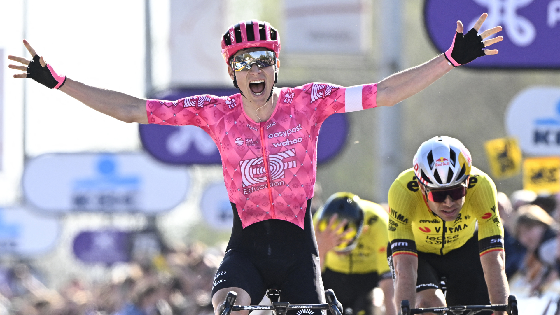 Neilson Powless of EF Education-EasyPost celebrates winning the 2025 Dwars Door Vlaanderen.