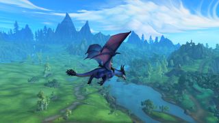 WOW ADDONS - Дракон лети над тревист пейзаж с дървета и ниски планини на заден план