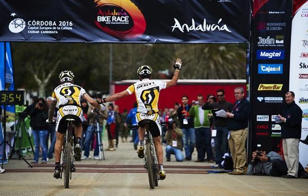 Two Scott riders celebrate their finish.