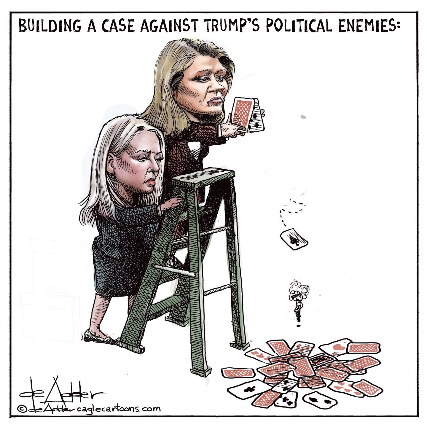 
                                This cartoon is titled Building a Case against Trump’s Political Enemies. Pam Bondi and Lindsey Halligan stand on a ladder looking sad. Halligan holds part of a house of cards. The rest of the cards, which were balanced on the ladder, have fallen into a pile on the ground.
                            