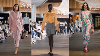 three catwalk images showing model modelling sustainably sourced clothing trends