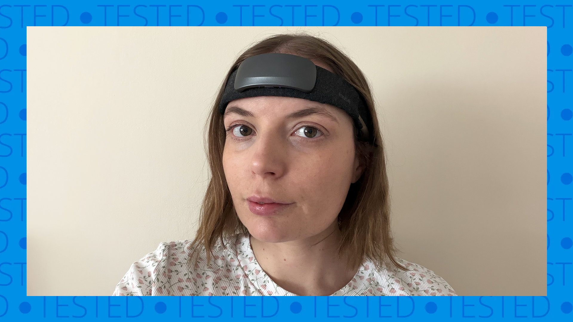Tester Ruth jones wearing the Muse S Athena Headband, a blue border with the word tested repeated
