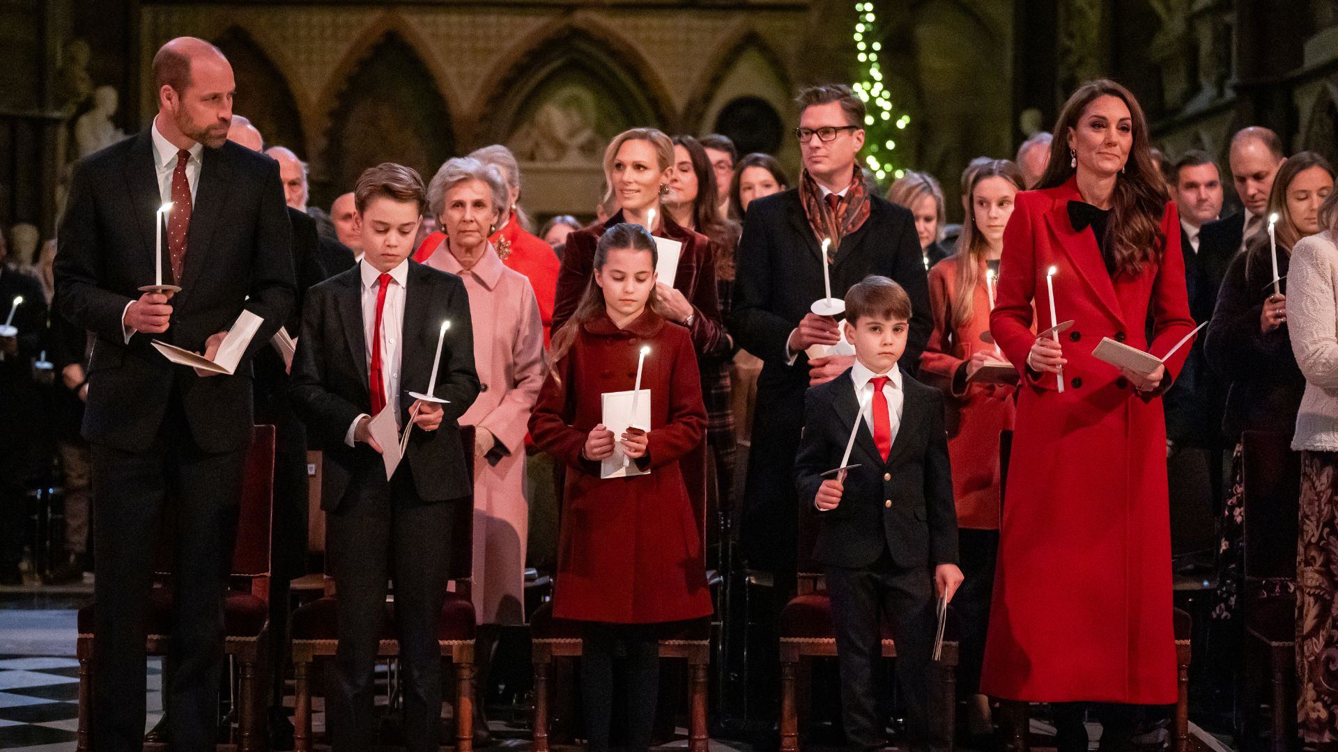 Prince William, Prince George, Princess Charlotte, Prince Louis and Catherine, Princess of Wales during the &#039;Together At Christmas&#039; Carol Service at Westminster Abbey on December 6, 2024
