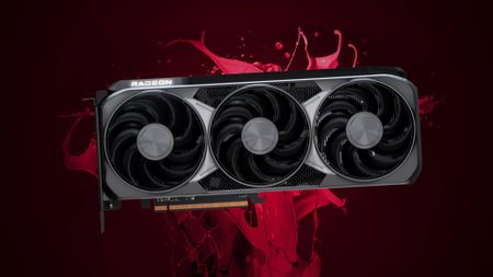 AMD Radeon RX 9070 XT graphics card with red liquid splashing in backdrop