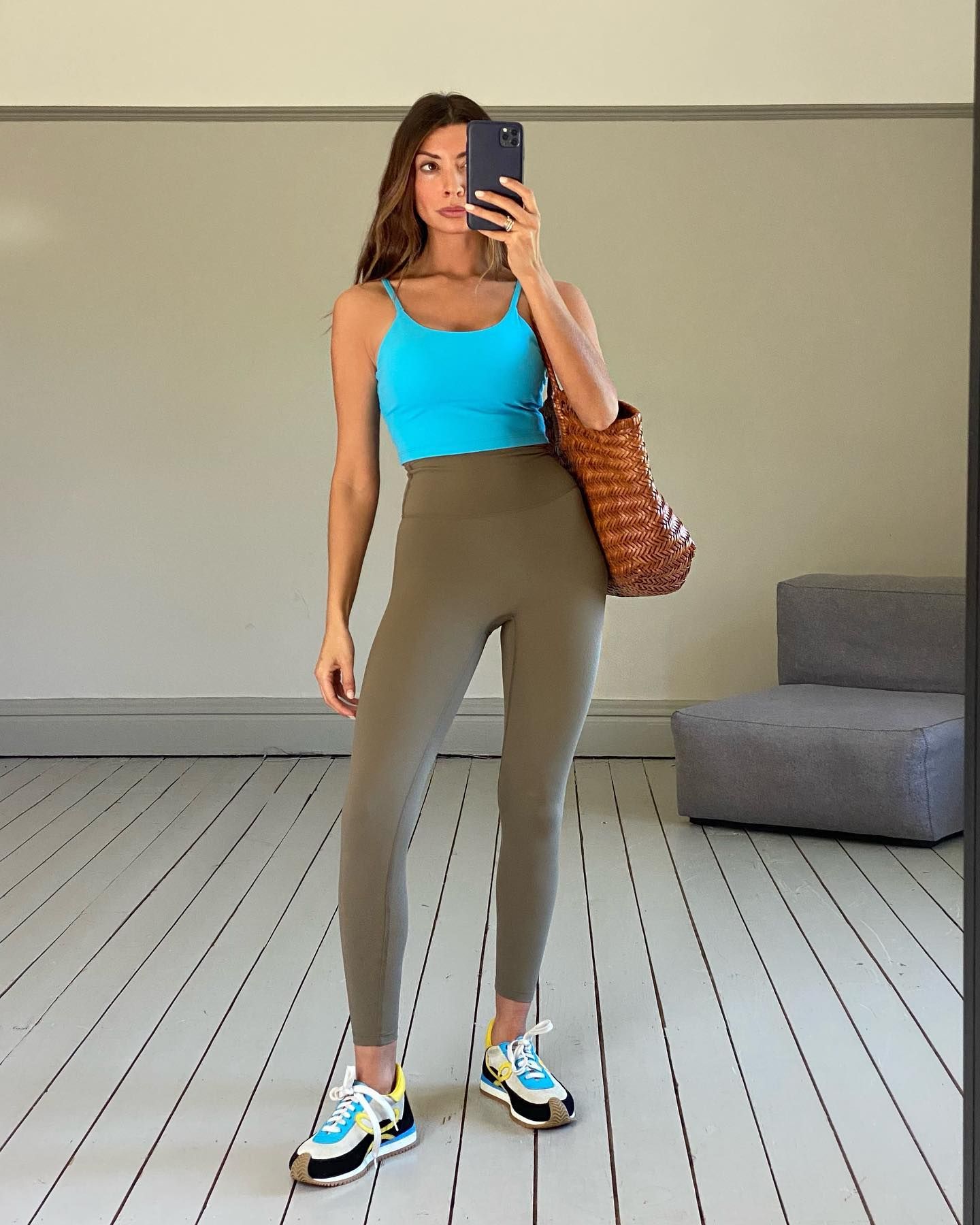 An image of @smythsisters wearing Adanola ultimate leggings in Khaki with Loewe sneakers and a dragon diffusion bag.