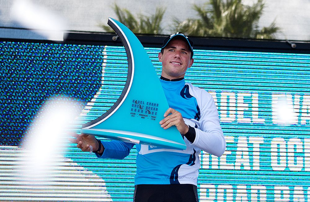 Peter Kennaugh with his big wave-shaped trophy