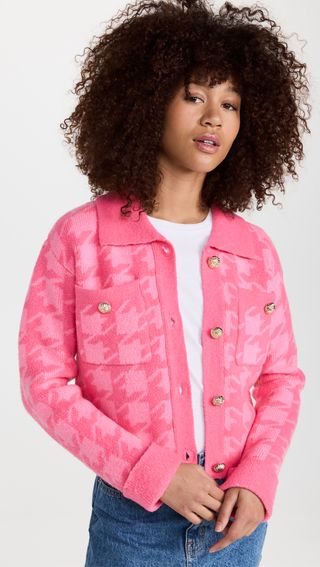 Pink Collared Knitted Houndstooth Cardigan