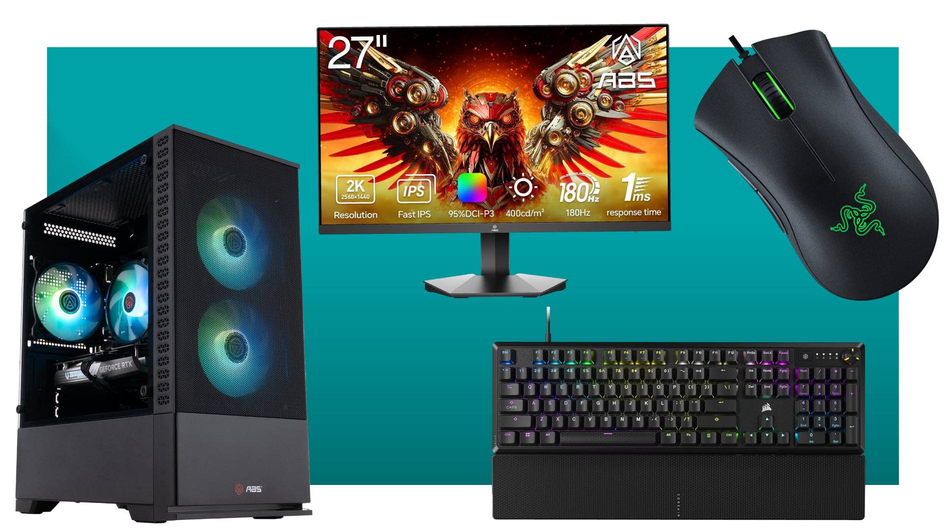 ABS gaming PC and monitor with Corsair K70 Core keyboard and Razer DeathAdder Essential mouse on a blue background