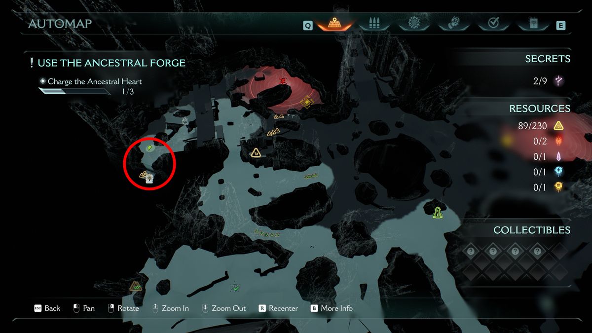 Doom: The Dark Ages Ancestral Forge secrets - A map showing you where to find a codex entry on a small platform at the edge of the area.