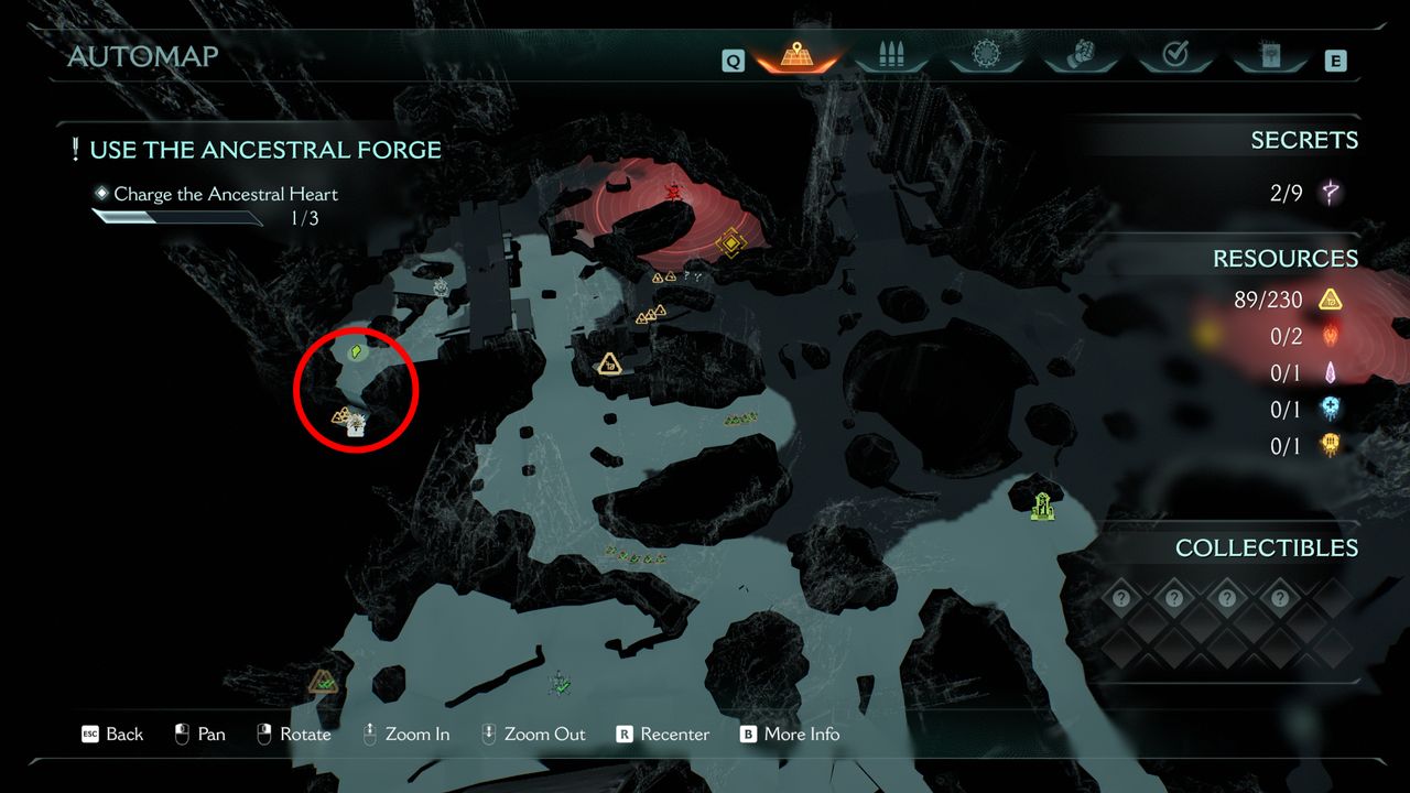 Doom: The Dark Ages Ancestral Forge secrets - A map showing you where to find a codex entry on a small platform at the edge of the area.