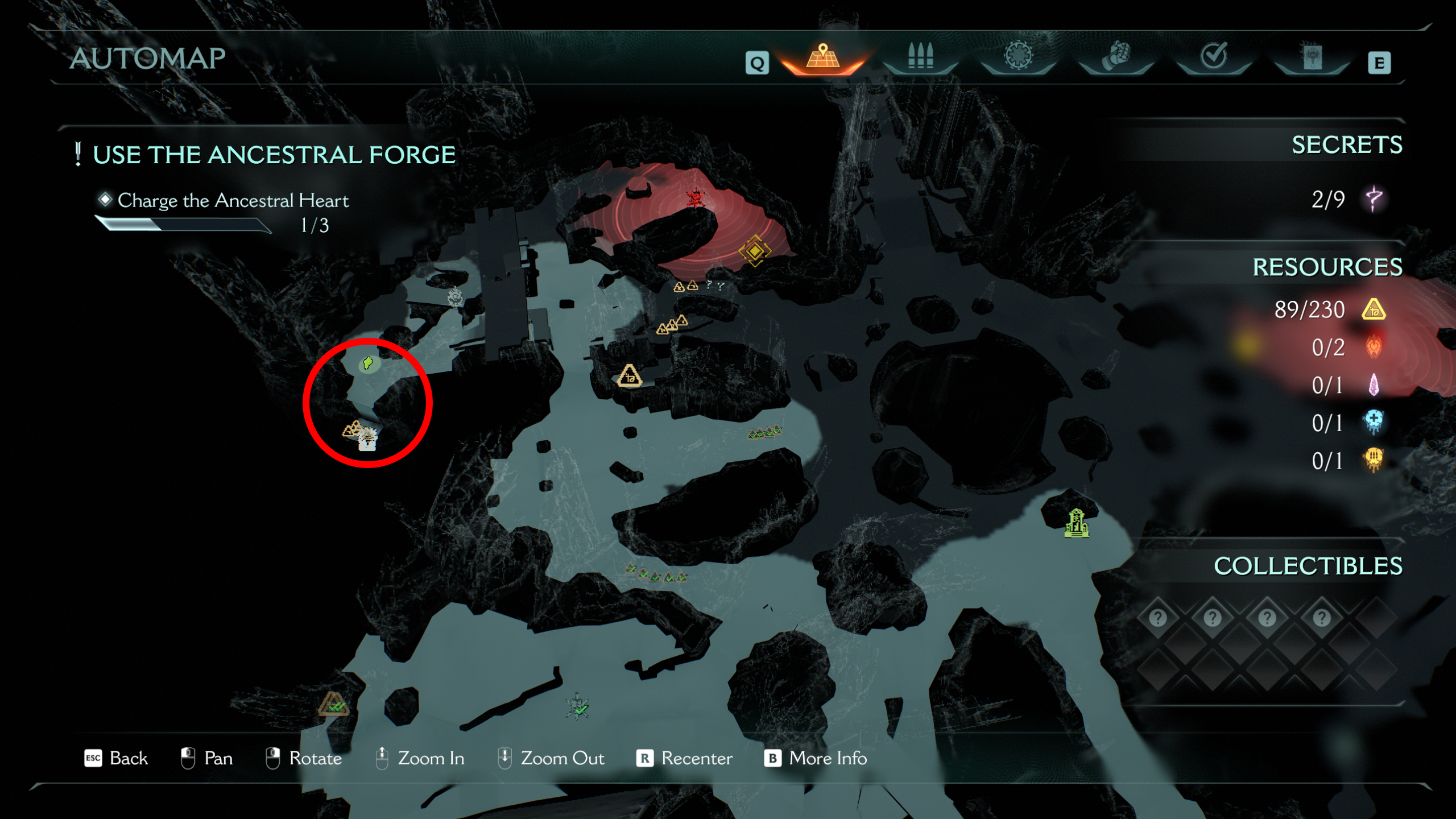 Doom: The Dark Ages Ancestral Forge secrets - A map showing you where to find a codex entry on a small platform at the edge of the area.