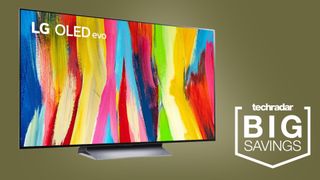 LG C2 OLED TV spotlight banner with green background