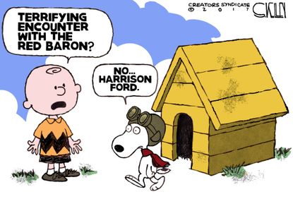 Editorial Cartoon U.S. Harrison Ford plane crash Peanuts Charlie Brown Snoopy Red Baron