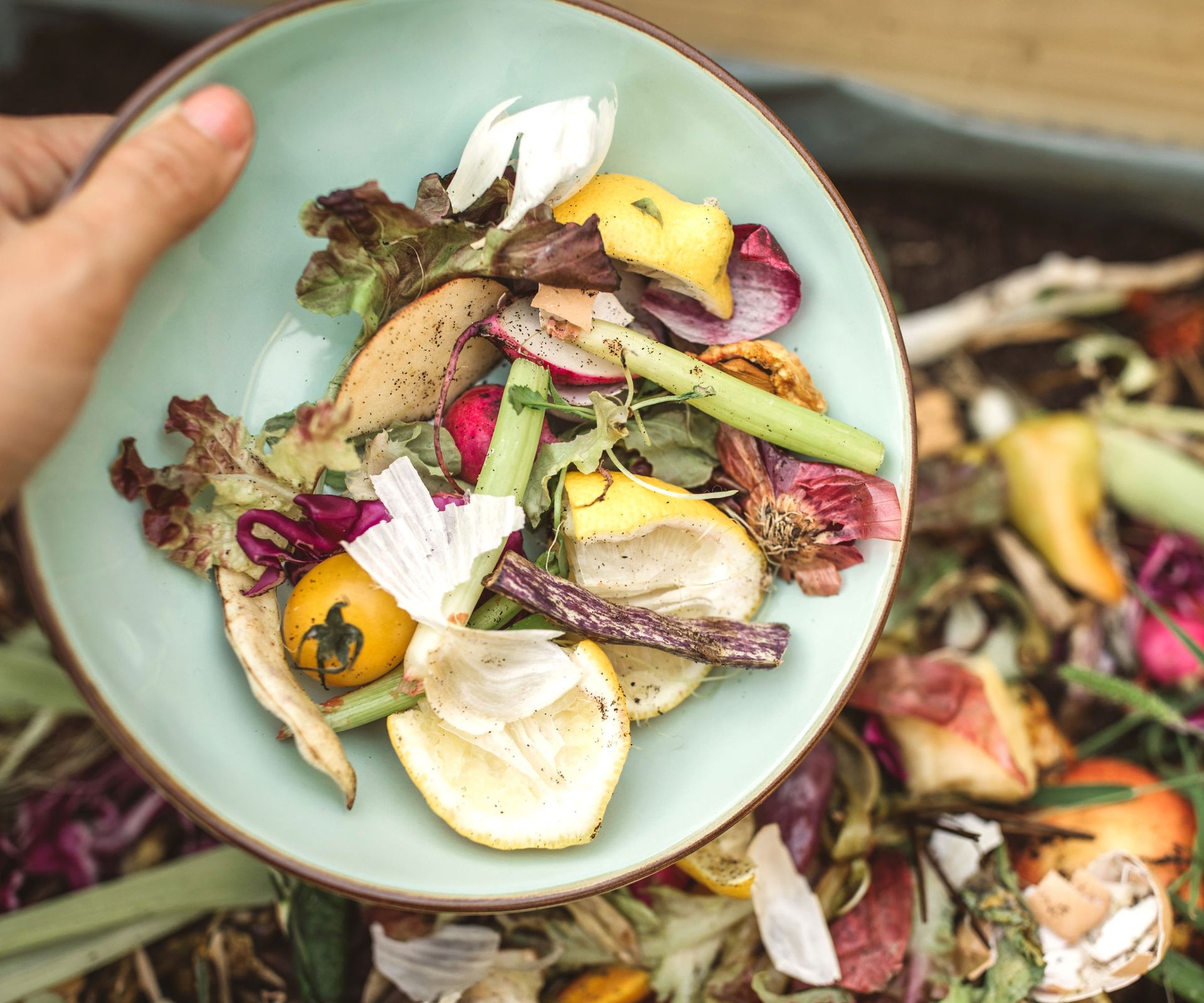 food leftovers being tipped from bowl into compost heap