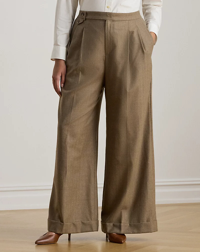Pleated Wool Herringbone Wide Leg Pant