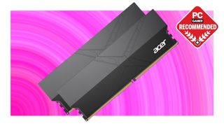 An image of Acer HT200 DDR5 RAM against a vibrant pink background, with a PC Gamer Recommended logo in the top right corner.