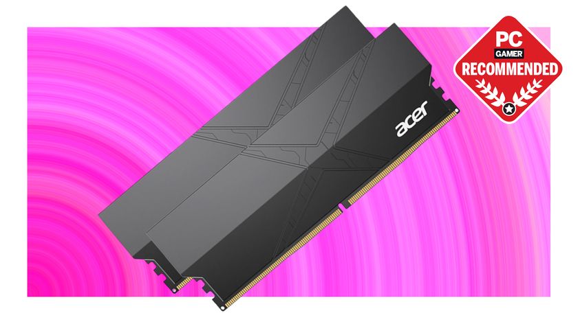 An image of Acer HT200 DDR5 RAM against a vibrant pink background, with a PC Gamer Recommended logo in the top right corner.