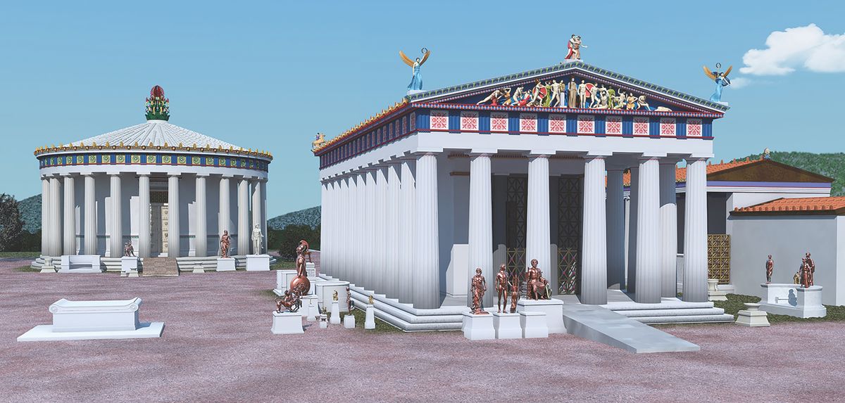 A digital rendering of the fourth-century B.C. Temple of Asklepios at Epidaurus (right). Notice the ramp on the temple&#039;s east side.