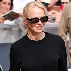 Actress Pamela Anderson arrives at the Maria Cristina Hotel during the 72nd San Sebastian International Film Festival on September 25, 2024 in San Sebastian, Spain. 