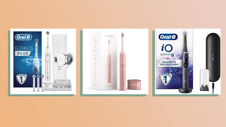 three of the best electric toothbrushes on peach background