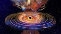 A tiny black hole in a faraway galaxy is repeatedly punching through a larger black hole's disk of gas.