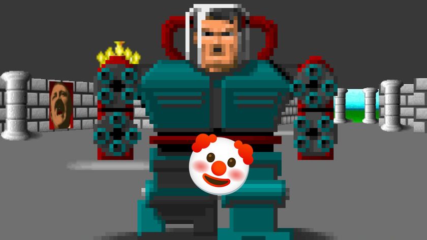 Mechahitler from Wolfenstein 3D with a clown emoji over his crotch.