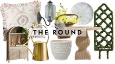 Cottagecore outdoor decor, including a rustic teak wood arched storage cabinet, LoveShackFancy x Pottery Barn floral patterned cushion, brass watering can, antique-inspired wall sconce, and more