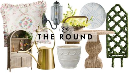 Cottagecore outdoor decor, including a rustic teak wood arched storage cabinet, LoveShackFancy x Pottery Barn floral patterned cushion, brass watering can, antique-inspired wall sconce, and more