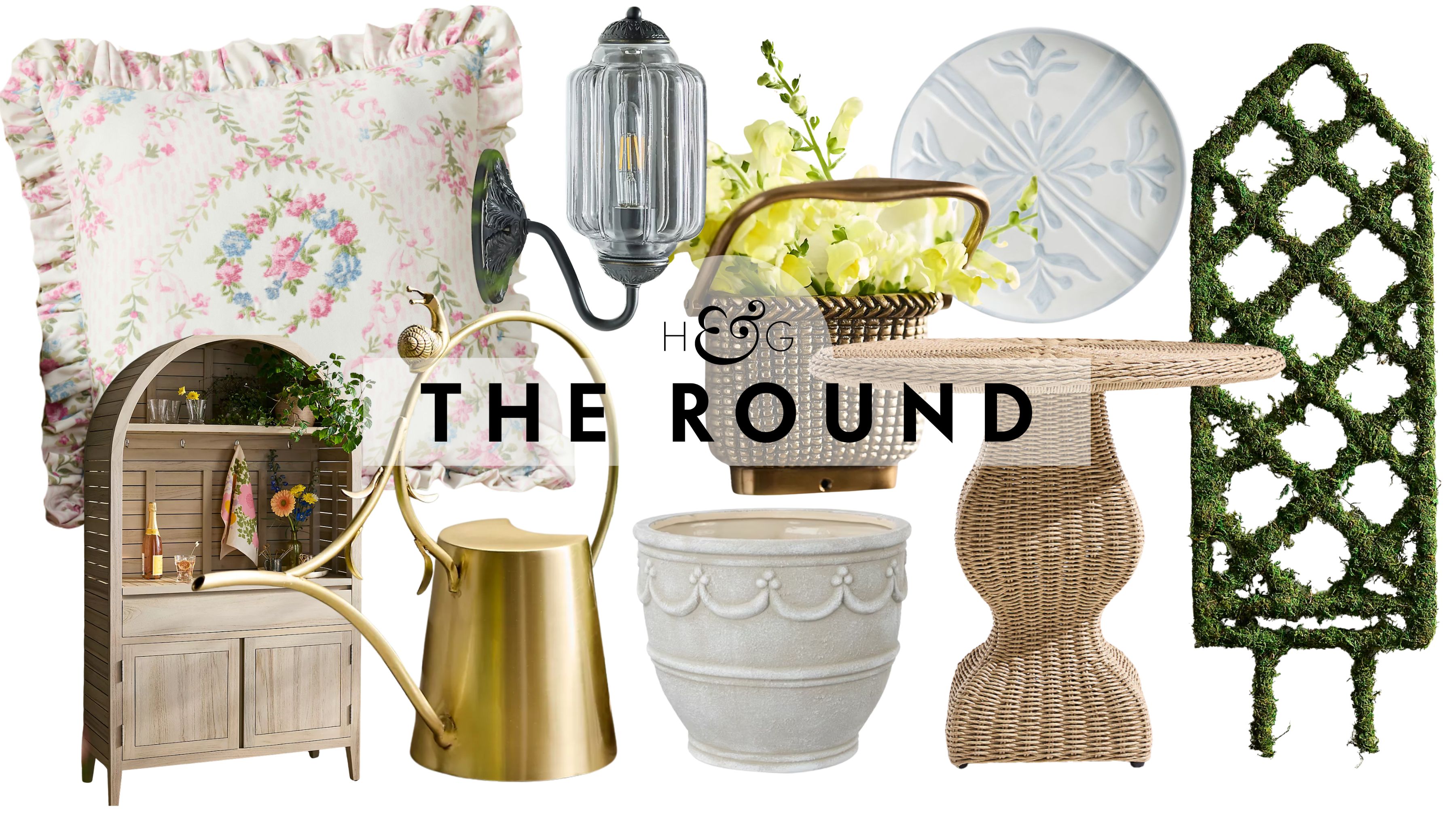 Cottagecore outdoor decor, including a rustic teak wood arched storage cabinet, LoveShackFancy x Pottery Barn floral patterned cushion, brass watering can, antique-inspired wall sconce, and more