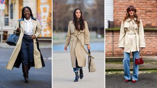 A composite of street style influencers showing jeans be business casual with a trench coat