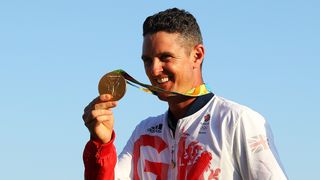 Justin Rose with the gold medal after his win in the men's individual at the 2016 Olympics