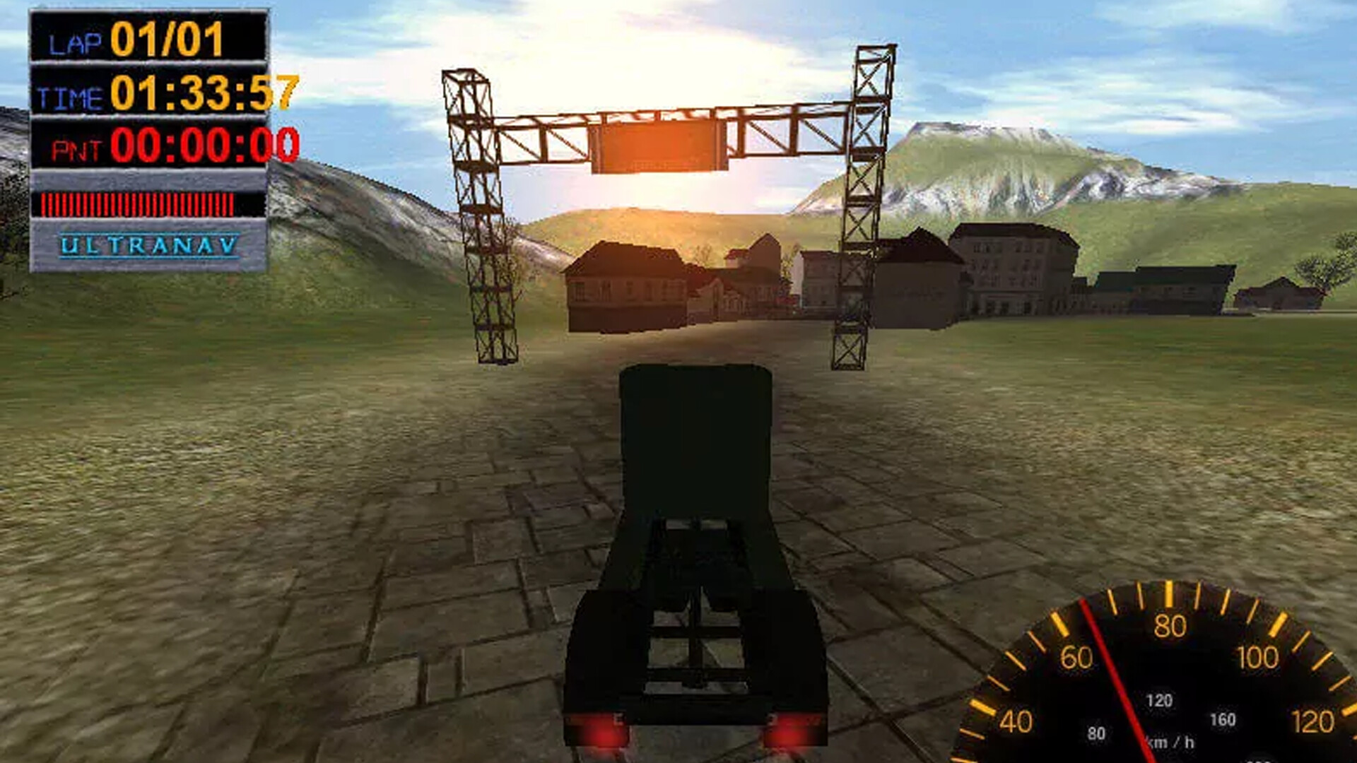 Big Rigs gameplay showing truck approaching a vaguely Bavarian hamlet nestled into the hills