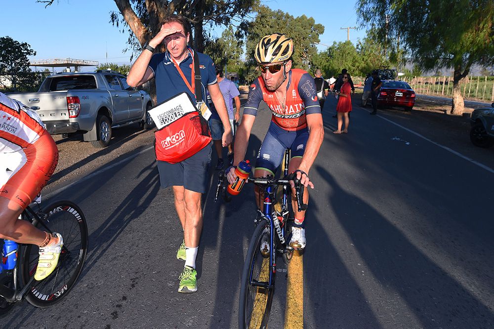 Vincenzo Nibali heads to the Bahrain-Merida team car post stage