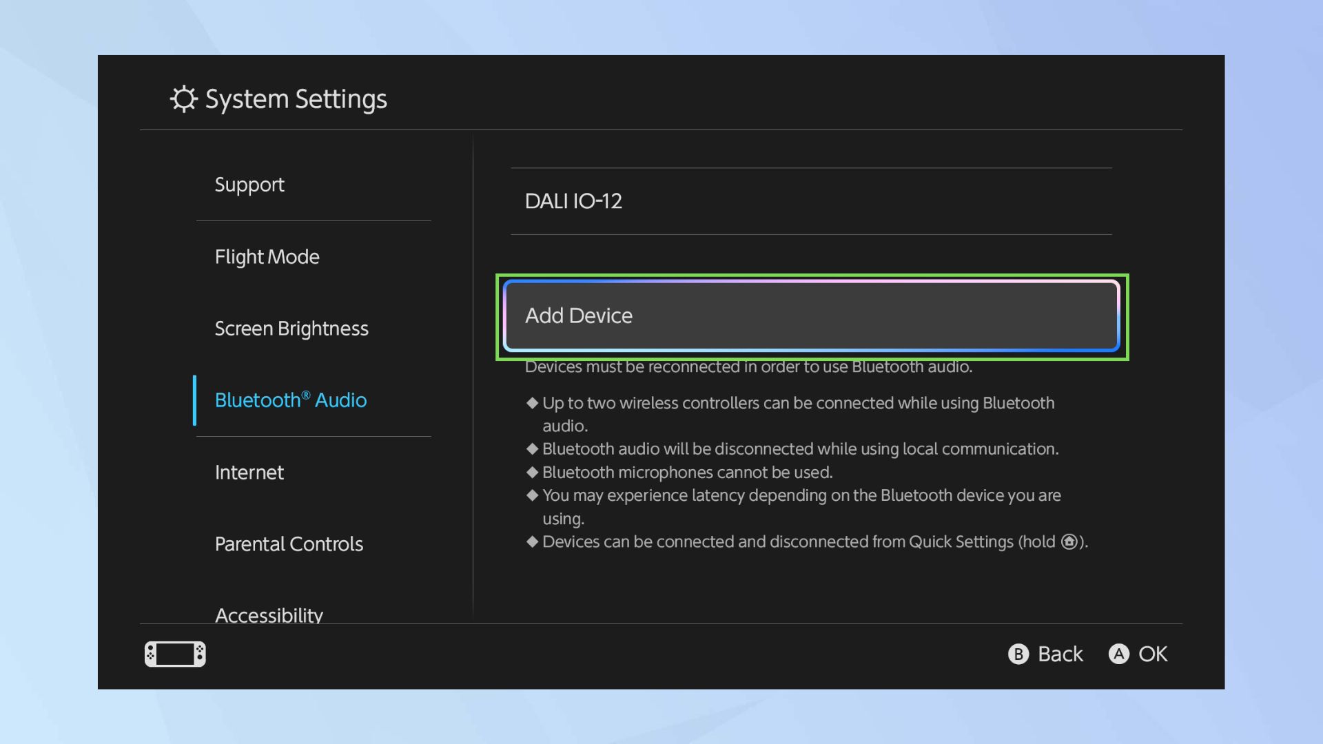 Add device selected in Switch 2 Bluetooth audio settings