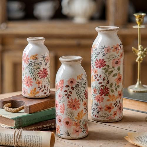 Vintage Vase Set of 3, Ceramic Vintage Flower Vases, Chinoiserie Decorative Home Decor Retro Floral Vase Rustic Farmhouse Decor for Table Bookshelf Mantel Kitchen Living Room Office - Colorful Daisy